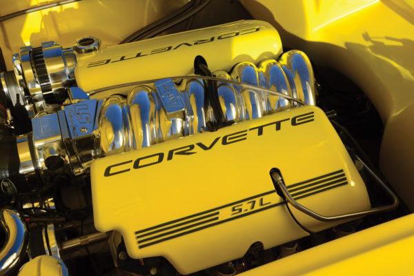 The LS6 crate engine came from a local Chevy dealer. While not required for fitting the new mill under the hood, the engine bay was smoothed before dropping it in place.