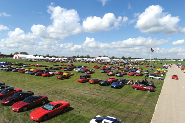 Corvettes as far as the eye can see on the grassy show field of Mid America Motorworks.