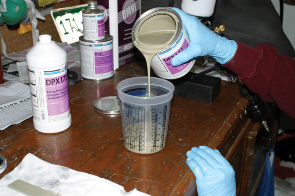 For small pieces, PPG recommends applying just one coat of the self-etching primer, so I added a measured amount of catalyst at a 1-1 ratio. Pot life for this mix is 24 hours at 70 degrees F, so no real rush. It can be top-coated in about 20 minutes, and this material won’t require any sanding.