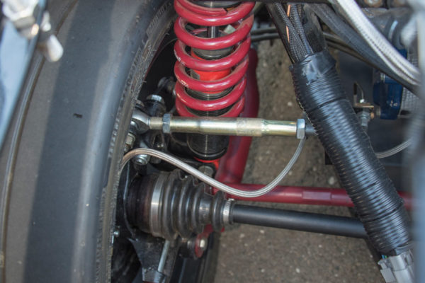 The custom rear suspension consists of Godspeed’s rear lateral links and trailing arm setup with adjustable turnbuckles.