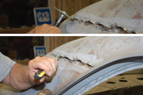 We used a variety of techniques to get through the spot welds. While most of them were gouged with the plasma system, others needed to be ground, as the inner skeleton of the car was right underneath. Along the sail panel we used a cutting wheel to carefully grind away the spot welds. Then the metal was separated with a chisel.
