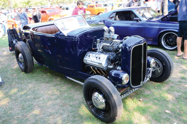 Brian George’s ’31 Ford roadster, built and painted Midnight Blue by Roseville Rod & Custom, features a blown Flathead V8 with an Ardun OHV conversion.