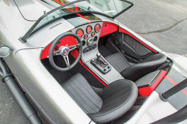 The updated cockpit treatment shows all the innovative elements incorporated into this buildup from FormaCars. The interior is fully upholstered and features adjustable and heated seats, four-point seat belts, leather steering wheel, and thermal and sound insulation.
