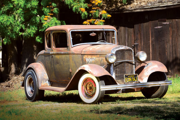 Here’s a barn find showing its age, a ’32 Ford discovered in Fresno, California, by twin brothers Don and John Coleman. While some panels are too far gone, and will need replacing with aftermarket pieces, many can be rescued with some rust-removal treatments.
