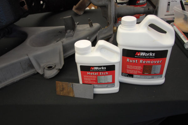 Once the Rust Remover does its work, it can be followed with Metal Etch. This product is designed for bare metal (either old or newer aftermarket parts), to inhibit rust and promote paint adhesion. After gently etching the metal, it leaves behind a zinc coating that helps chemically bind paint to the surface.
