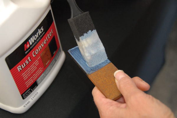 To apply the Rust Converter, all you need is a foam brush, dipped in a clean, separate container. Once the rust is converted, allow 48 hours for curing, at which point the black polymer coating is ready for a topcoat, as it does not require any primer.