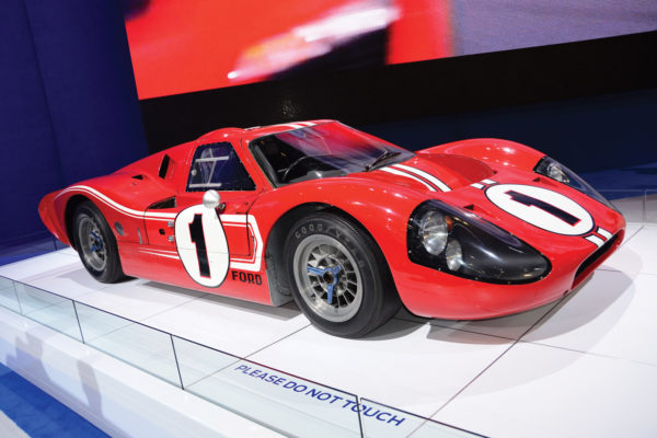  Ford GTs, past and present, in similar color schemes. In 1967, Ford returned to Le Mans for a rematch with Ferrari. The 427-powered 500 hp Mark IV exceeded 200 mph, thanks in part to meticulous attention to aerodynamics. It beat Ferrari’s P4 by a stunning four laps.