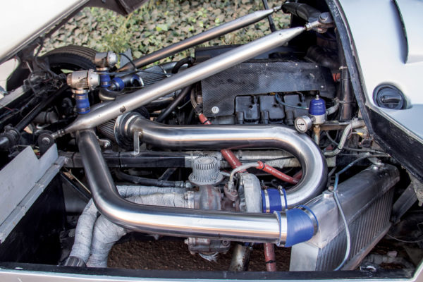 Intercoolers and turbo wastegates flank both sides of the twin-turbo 3.2-liter Mercedes V6.