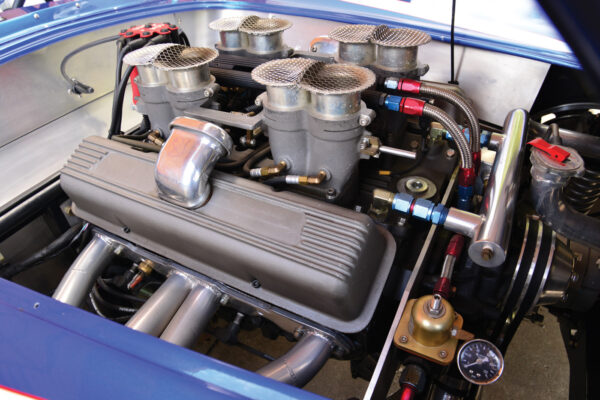 This Scarab repro comes from the factory as a roller, and was later fitted with a 350 Chevy, stroked to 383 cubes, and topped by an EFI version of Hilborn injection. That’s good for about 420 hp, plenty of power for a 2,200-pound car.