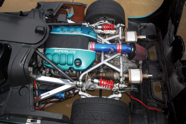 The drivetrain consists of a LS376/480 crate motor mated to a Graziano six-speed transaxle with limited-slip differential. Oerlikon Graziano is a supplier to multiple OEMs, and manufactures robust units for high-performance cars. 
These transaxles don’t need to be inverted like Porsche G50 or ZF unit.
