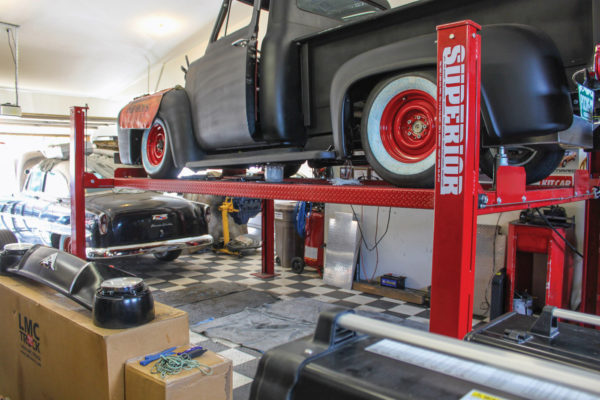 The most useful tool in the Taj Garage is this Superior four-post, drive-on service lift, which means not having to crawl around on the ground under a car. The lift also provides an added parking space.
